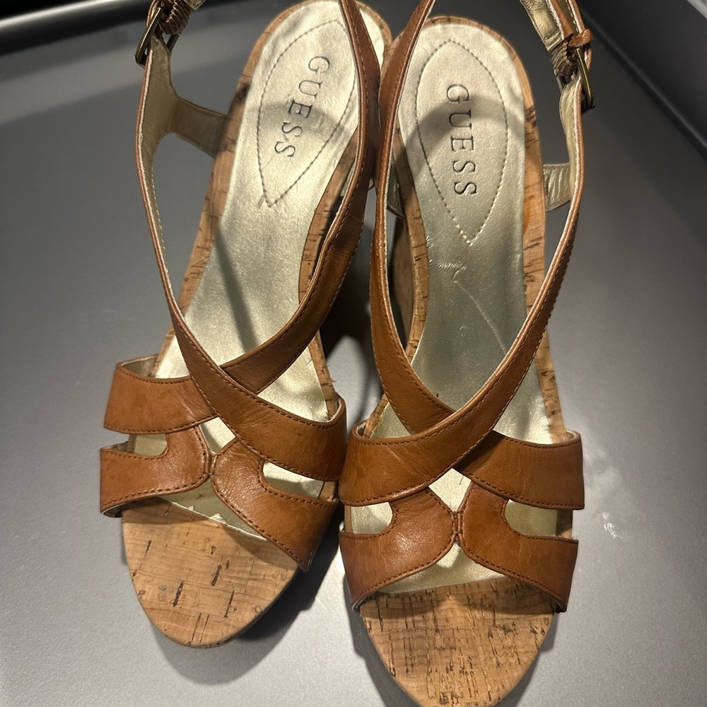Guess Tan Leather Wedge Sandals - Picture 3 of 7